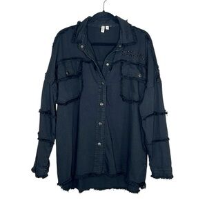 ELAN Frayed Rock & Roll Embellished Black Snap Front Shirt Shacket size Medium